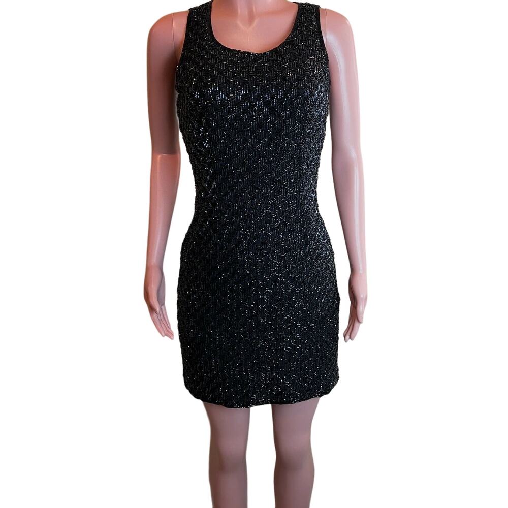 Scala Beaded Cocktail Dress Size M Black Sleeveless Sheath Mesh Mini Vintage